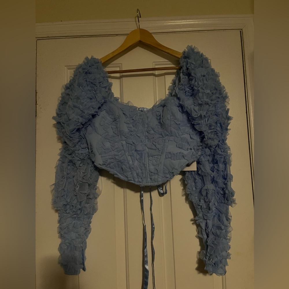 ASOS LUXE blue 3d lace puff sleeve lace back corset top - Picture 6 of 7